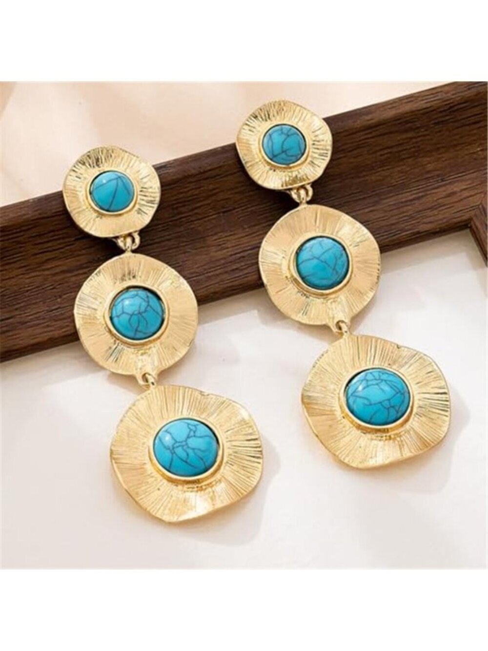 Chunky Turquoise Gold Hammered Disc Earrings